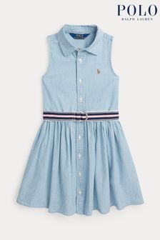 Polo Ralph Lauren Girls Blue Belted Cotton Chambray Shirt Dress