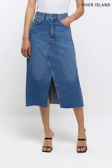 River Island Blue Denim Hotfix Front Midi Skirt (898258) | €36