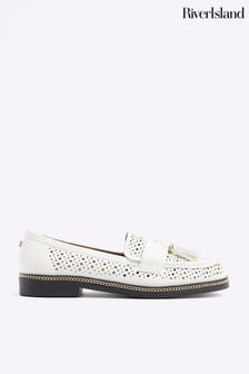 River Island White Laser Cut Tassle Loafers (898850) | AED215
