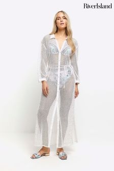 River Island White 100% Cotton Sequin Maxi Shirt Cover-Up Dress (898964) | $86