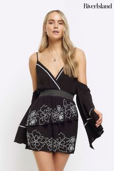 River Island Black Angel Sleeve Embellished Playsuit (899063) | AED255