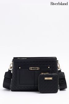 River Island Black Monogram Tri Comp Crossbody Bag (899273) | $83