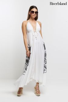 River Island Cream Embroidered Plunge Maxi Dress (899597) | AED283
