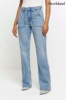 River Island Blue Carpenter Relaxed Straight High Rise Pocket Front Jeans (899838) | 366 SAR