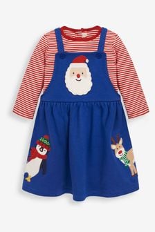 JoJo Maman Bébé Blue Santa Applique Dungaree Dress Set (89B438) | €14
