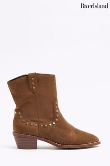 River Island Golden Brown Studded Western Ankle Boots (900116) | INR 6,283