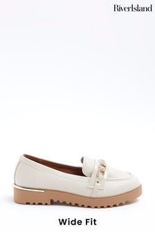 River Island Cream Wide Fit Quilted Branded Chain Loafers (900121) | INR 5,305