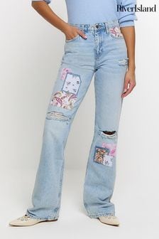 River Island Blue High Rise Straight Leg Non Stretch Patchwork Jeans (900210) | $120
