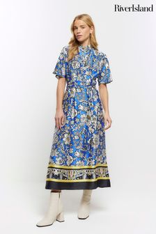 River Island Blue Printed Belted Button Shirt Dress (900430) | SGD 106