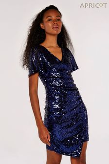 Apricot Navy Blue Sequin Angel Sleeve Side Ruche Dress (900585) | SGD 77