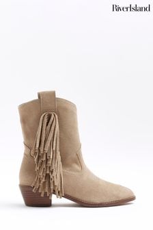 River Island Natural Suede Fringe Tassel Western Boots (900587) | AED425