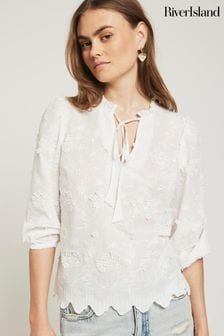 River Island White Embroidered Smock Top (900793) | AED255