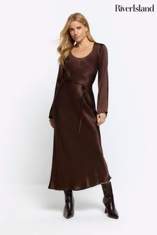 River Island Brown Long Sleeve Belted Scoop Neck Dress (901008) | $132