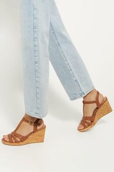 Dune London Brown Standard Fit Koali Plait T-Bar Wedge Sandals (901295) | $137