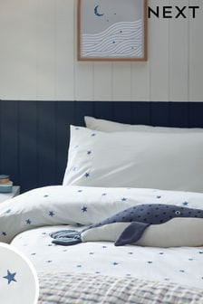 White/Blue Stars 100% Cotton Embroidered Bedding Duvet Cover and Pillowcase Set (903165) | OMR13 - OMR18