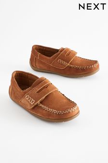 Tan Brown Wide Fit (G) Leather Penny Loafers with Touch and Close Fastening (903538) | €36 - €42
