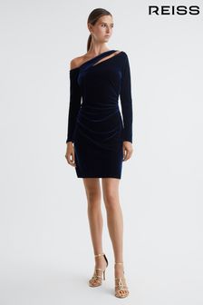 Reiss Navy Camilla Velvet Off-The-Shoulder Mini Dress (904640) | AED1,066