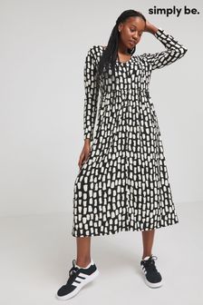 Simply Be Black Mono Print Waffle Button Up Midi Dress (904670) | AED216