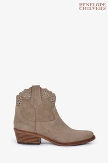 Penelope Chilvers Cream Cali Broderie Suede Cowboy Boots