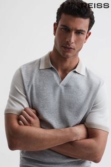 Reiss Soft Grey/White Kingsford Open Collar Striped T-Shirt (905933) | kr1,786