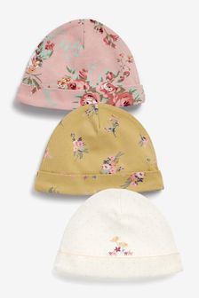 Pink/Ecru Floral 3 Pack Baby Beanie Hats (0-18mths) (906840) | AED36