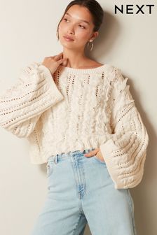 Ecru White Ruffle Cable Long Sleeve Jumper (907440) | AED96