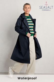 Seasalt Cornwall Blue Petite 100% Cotton Penweathers Waterproof Trench Coat (907527) | $291