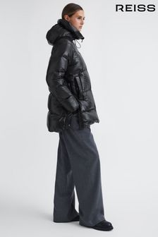 Reiss Black Rae Shiny Mid Length Puffer Coat (908588) | AED2,650