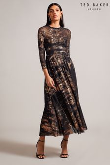 3/4-rukávové čierne šaty s volánovou sukňou Ted Baker Iggiey (909419) | €219