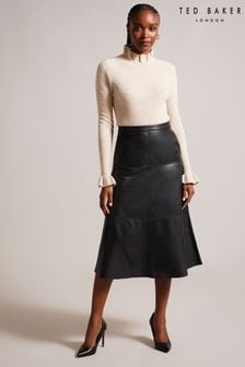 Ted Baker Black Leather Panelled Oaklyna A-Line Skirt (910593) | €353