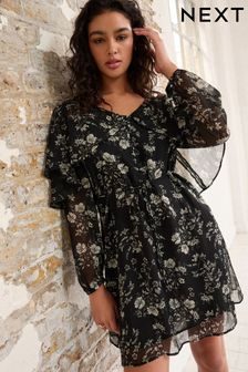 Monochrome Floral Ditsy Cape Long Sleeve Mini Dress (910620) | AED80