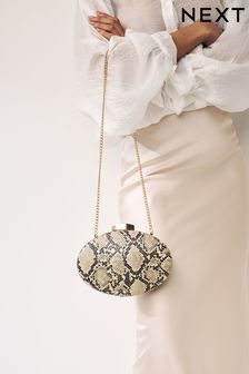 Neutral Snake Print Boxy Oval Snap Clutch Bag (913714) | AED112