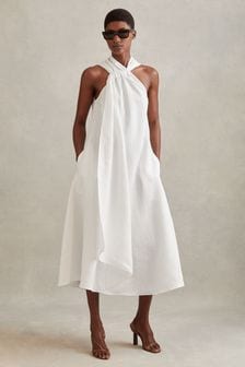 Reiss White Cosette Linen Blend Drape Midi Dress (913742) | 112,140 Ft