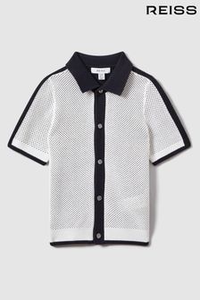 Navy/Optic White - Reiss Misto Cotton Blend Open Stitch Shirt (913904) | kr840