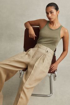 Reiss Light Khaki Leila Petite Linen Front Pleat Trousers (913956) | SGD 491