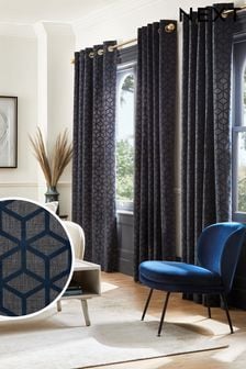 Navy Blue Flocked Geometric Eyelet Lined Curtains (914067) | CHF 111 - CHF 223