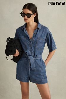 Reiss Indigo Seren Denim Belted Playsuit (914336) | $297