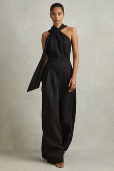 Reiss Black Selena Linen Blend Drape Jumpsuit (914381) | 168,840 Ft