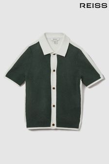 Green/Optic White - Reiss Misto Cotton Blend Open Stitch Shirt (914382) | kr840