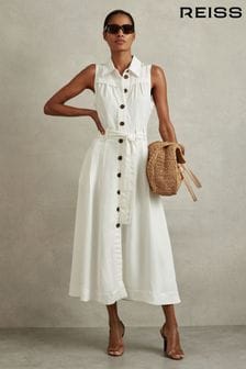 Reiss White Heidi Viscose Linen Belted Midi Dress (914498) | $315