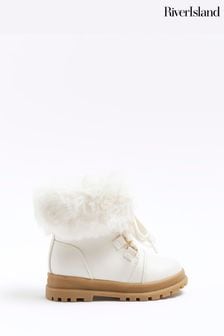 River Island Cream Faux Fur Hiker Girls Boots (916634) | kr415