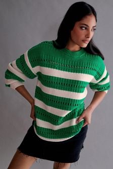 Green and Ecru Cream Stitch Detail Stripe Long Sleeve Jumper (917026) | AED72