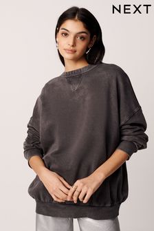 Charcoal Grey - Oversized Relaxed Fit Longline Washed Crew Neck Sweatshirt (917512) | kr490