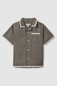 Khaki/White - Reiss Vitan Linen Contrast Cuban Collar Shirt (917617) | kr840