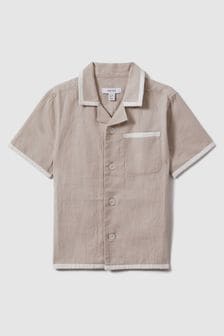 Reiss Stone/White Vitan Linen Contrast Cuban Collar Shirt (917889) | ￥9,660