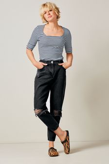 Washed Black Ripped Mom Jeans (919031) | ₪ 71