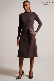 Ted Baker Alltaa Úpletové hnedé šaty so sukňou z umelej kože (919411) | €314