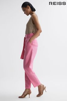 Reiss Pink Kylee High Rise Belted Tapered Trousers (919481) | SGD 463