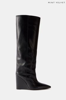 Mint Velvet Black Leather Wedge Boots (919907) | OMR113
