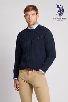 Niebieski - Męski sweter U.S. Polo Assn. z okrągłym dekoltem i splotem warkoczowym (919939) | 410 zł